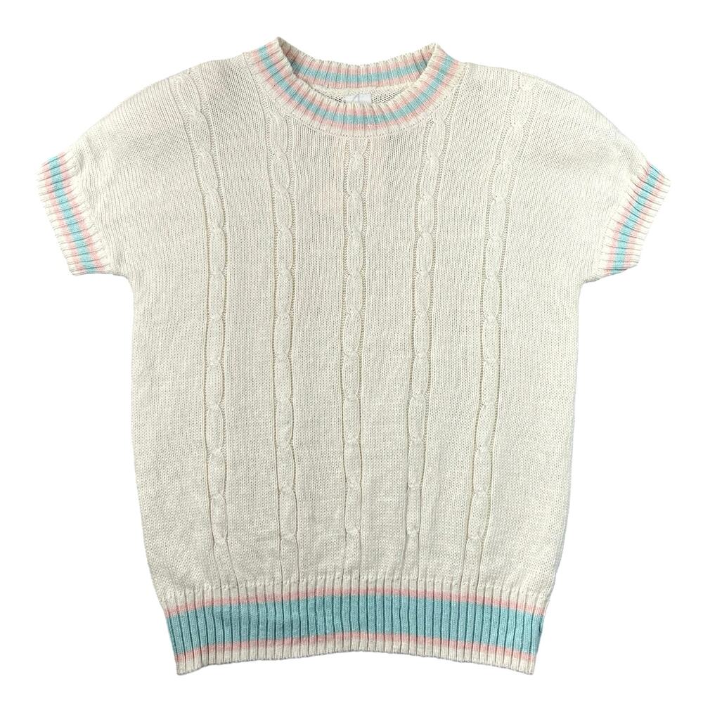 NWT Vintage Catalina Cable Knit Sweater Ramie Cotton Pastel Trim Korea - L